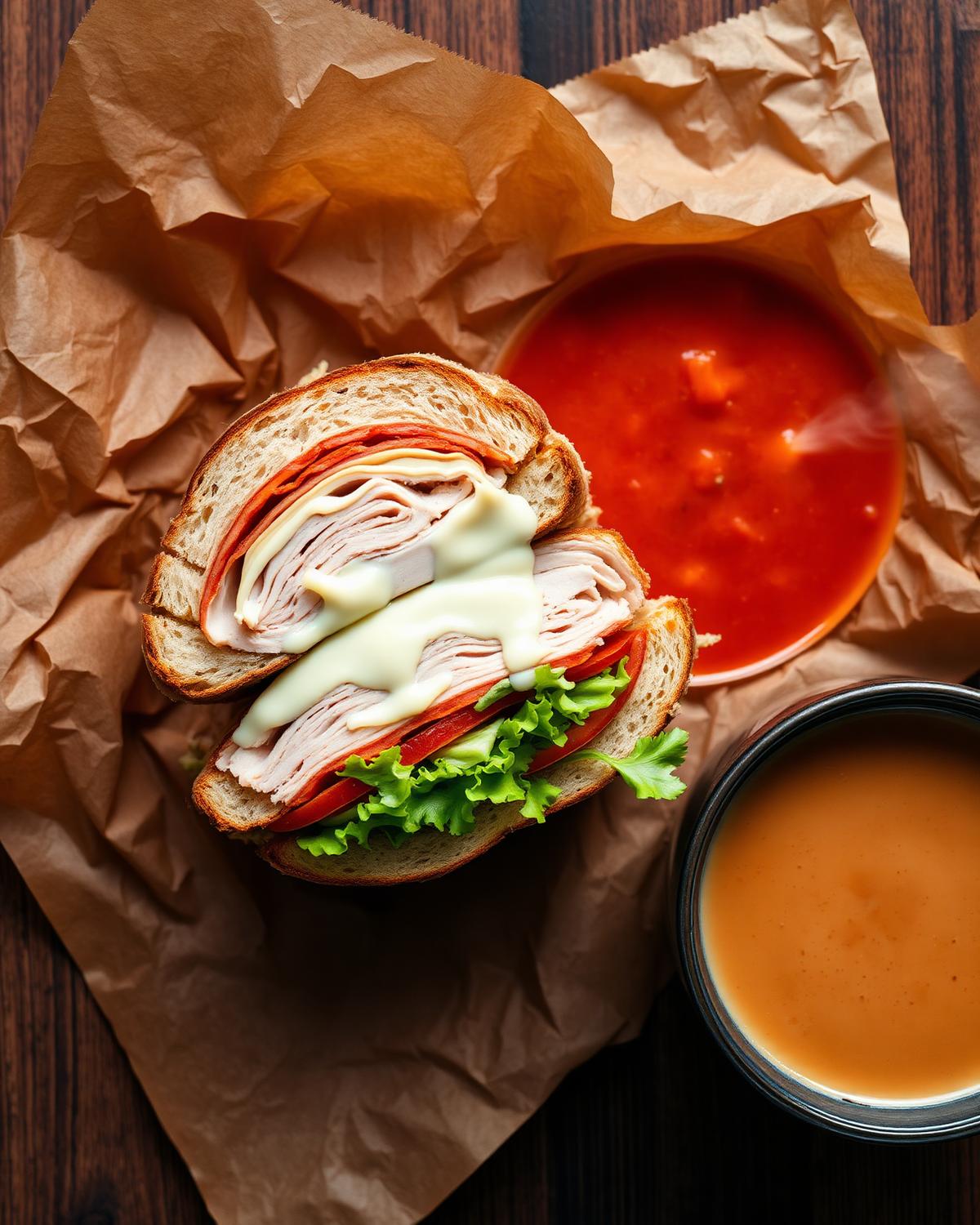Stacked turkey sandwich on butcher paper next to bowls of fresh soup